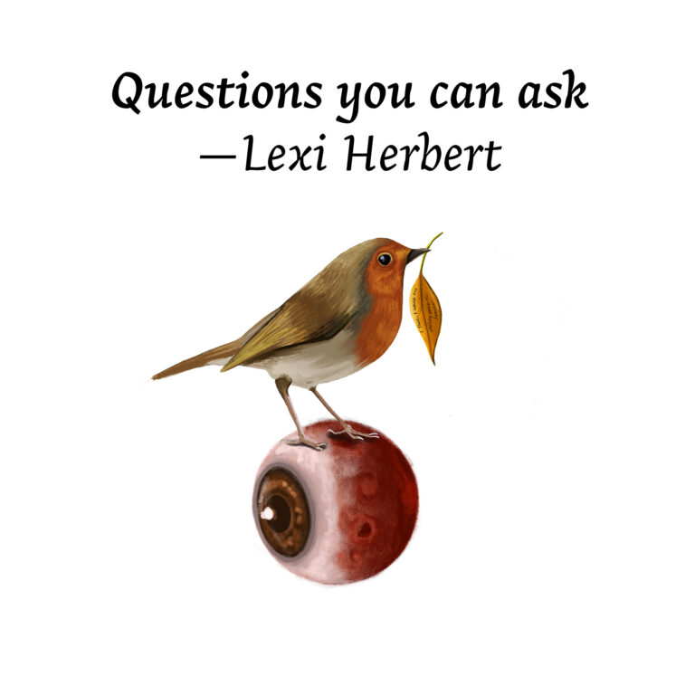Illustration for "Questions you can ask" by Lexi Herbert. Features a bird with an orange leaf in its beak, standing atop an eyeball.