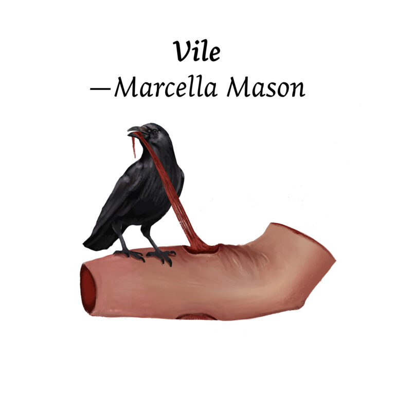 Illustration for "Vile" by Marcella Mason. Features a crow perched atop a severed forearm (cut off at the elbow and wrist). The crow pulls a tendon from the arm and holds the end in its beak.