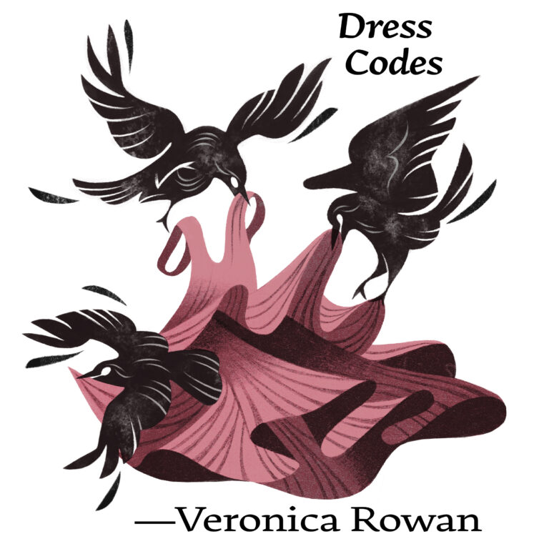Illustration for "Dress Codes" by Veronica Rowan. Features three black crows pulling at a red dress.