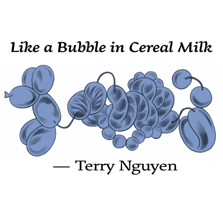 Illustration for "Like a Bubble in Cereal Milk" by Terry Nguyen. Features a blue balloon animal dog, but its midsection is slightly deconstructed and we can see the string which holds it together.