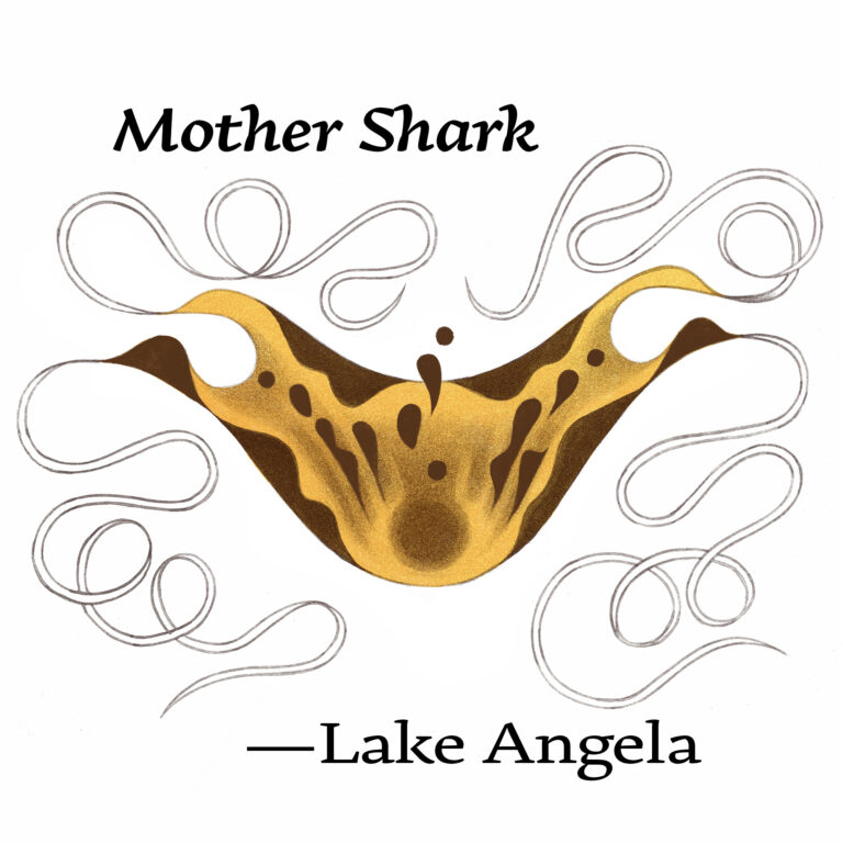 Illustration for "Mother Shark" by Lake Angela. Features a mustard yellow and brown jellyfish-like creature. White tentacles ribbon from either side. It is upside down.