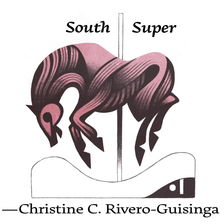 Illustration for "South Super" by Christine C. Rivero-Guisinga. Features a pink carousel horse on its pole. The body curves and the head hangs low.