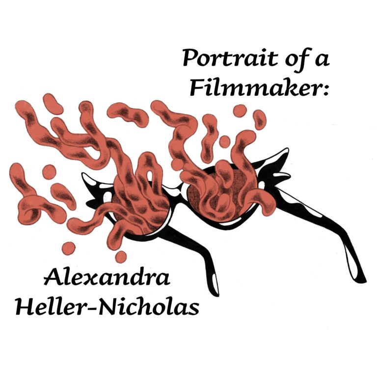 Illustration for Portrait of a Filmmaker Interview with Alexandra Heller-Nicholas by Ariel McCleese. Tendrils of red (could be interpreted as flames or blood) shoot out from the frames of a pair of black cat-eye sunglasses.