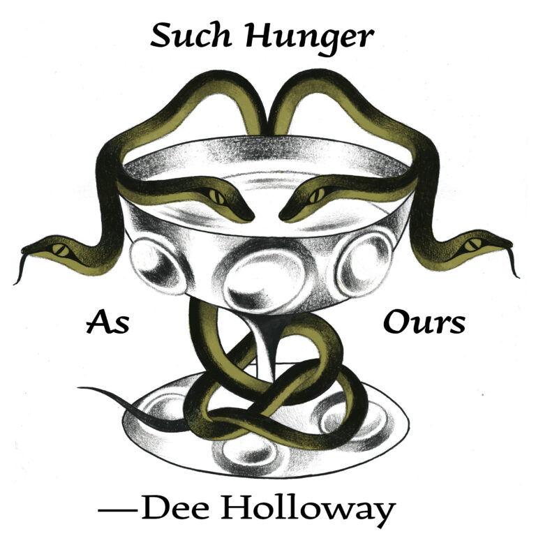 Illustration for "Such Hunger as Ours" (Dee Holloway). Wrapped around a silver chalice is a four-headed green snake.