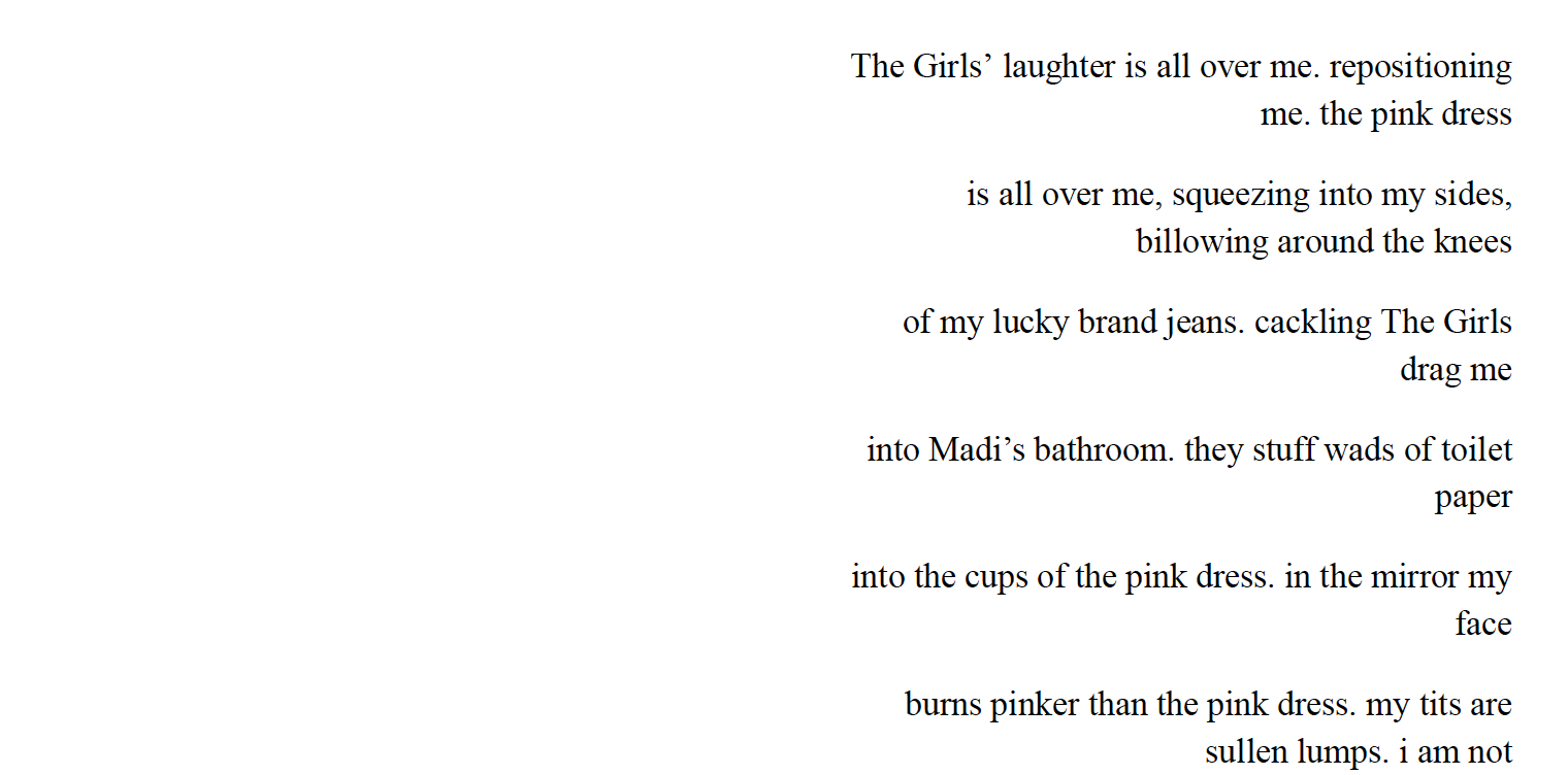 The Girls’ laughter is all over me. repositioning
me. the pink dress
is all over me, squeezing into my sides,
billowing around the knees
of my lucky brand jeans. cackling The Girls
drag me
into Madi’s bathroom. they stuff wads of toilet
paper
into the cups of the pink dress. in the mirror my
face
burns pinker than the pink dress. my tits are
sullen lumps. i am not
